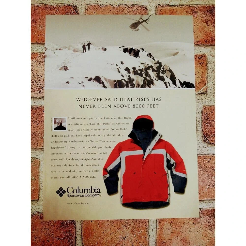 2001 Columbia Print Ad Jacket Mountain Y2K‎ Alpine Whoever Said Heat Rises